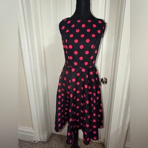 Vintage Style Elegant Black and Pink Polka Dot Dress, women’s Small